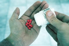 Man shaking pills out into his hand from a bottle
