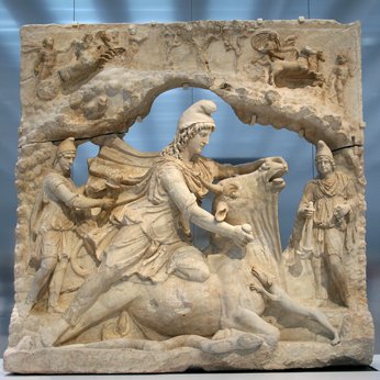A depiction of Mithras, the pagan god of light and truth, slaying a bull.