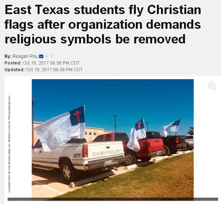 Photo of news article showing vehicles proudly donning Christian flags