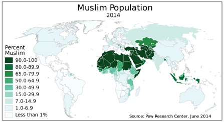A Pew Research Center map of the Muslim world by percent of population.
