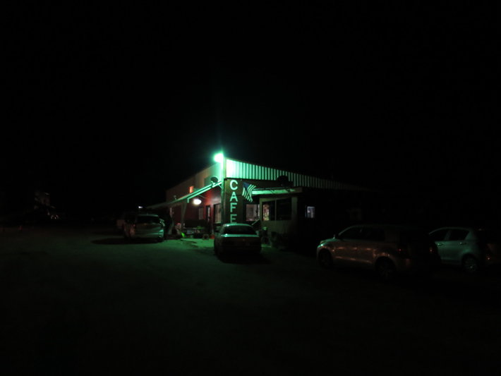 The cafe in Ola, Idaho at night.