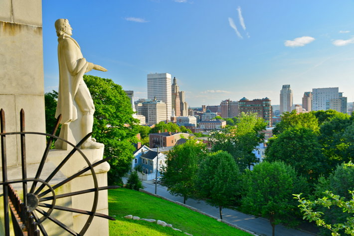 A statue of Roger Williams overlooking Providence, Rhode Island