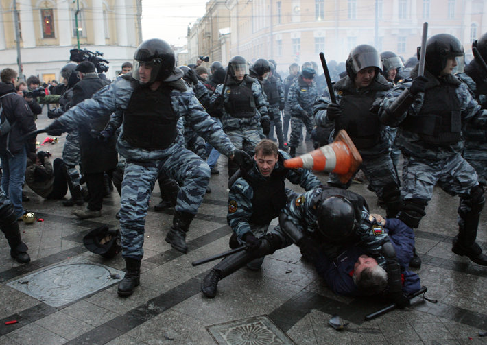Commotion on the street with riot police