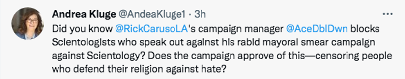 El director de campaña de Rick Caruso, Ace Smith, bloquea a los cienciólogos que hablan en contra de su intolerancia andrea kluge El director de campaña de Rick Caruso, Ace Smith, bloquea a los cienciólogos que hablan en contra de su intolerancia