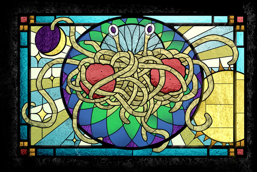 Stained glass of the Flying Spaghetti Monster