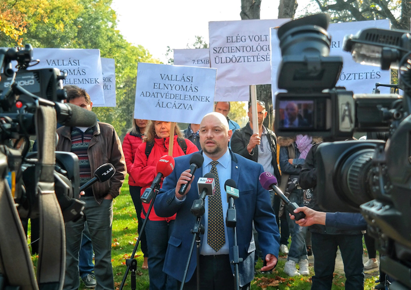 Attila Miklovicz, representative of the Church of Scientology Hungary, speaking to media about Hungarian government violations of religious freedom.