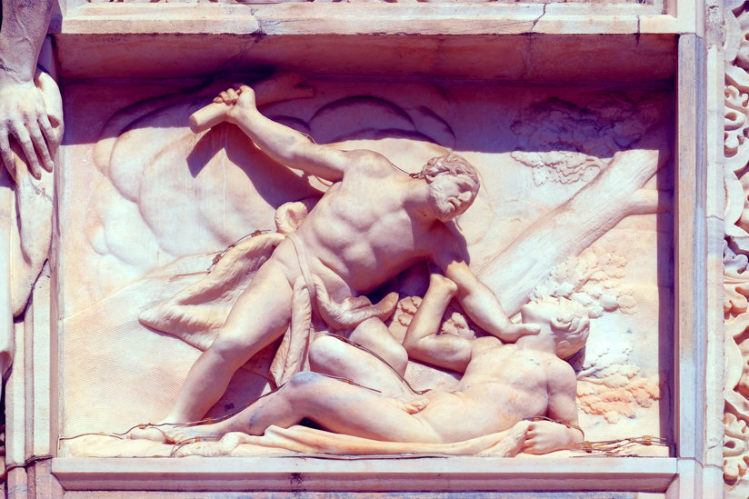 Marble relief representation of Cain killing Abel