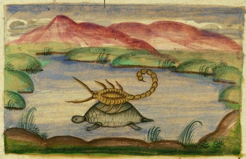 Scorpion on back of turtle crossing river.