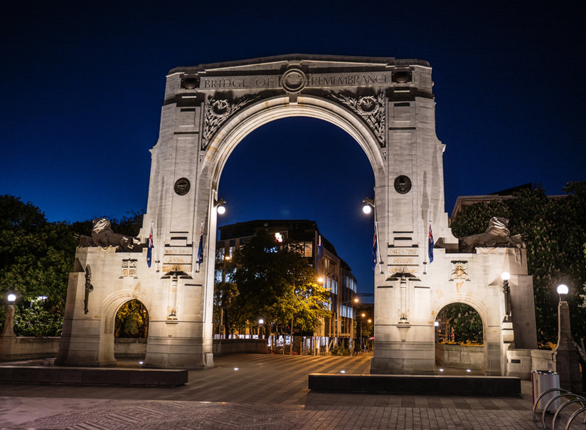An arch at night