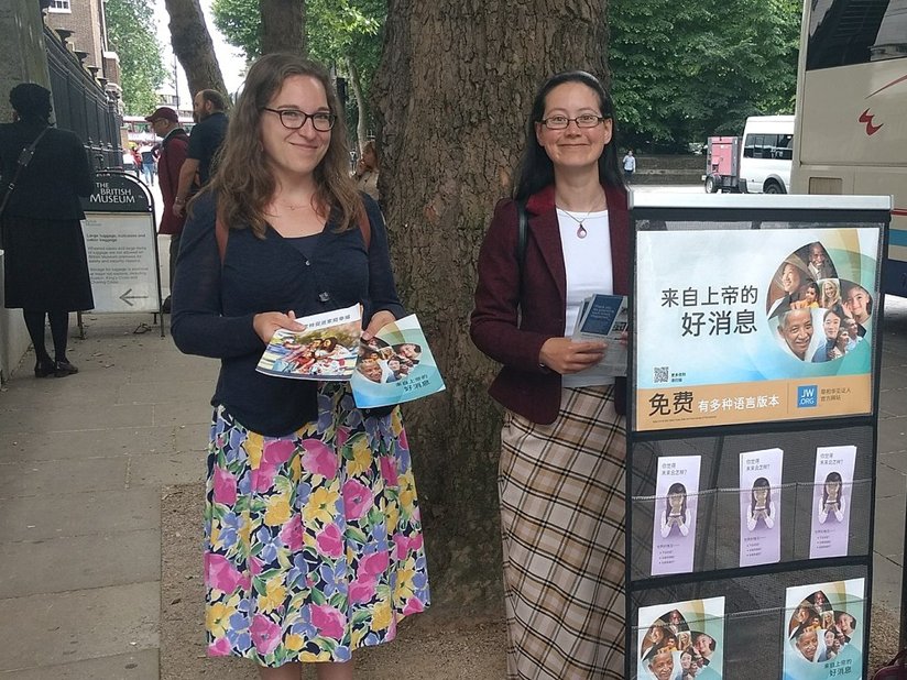 Jehova’s Witnesses standing outside the British Museum distributing literature.